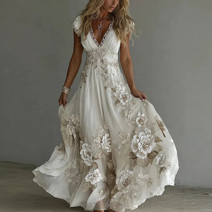 Cardydony Women's Vintage Boho Floral Art Short-sleeved Maxi Dress