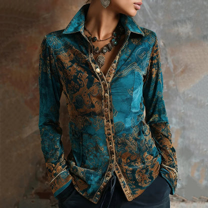 Cardydony Women's Vintage Elegant Tribal Art Comfy Velvet Shirts