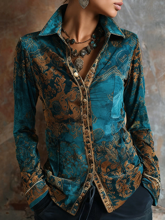 Cardydony Women's Vintage Elegant Tribal Art Comfy Velvet Shirts