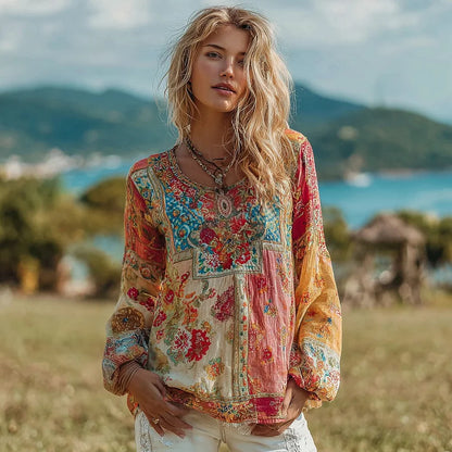 Cardydony Women's Vintage Ethnic Floral Pattern Linen Round Neck Shirt