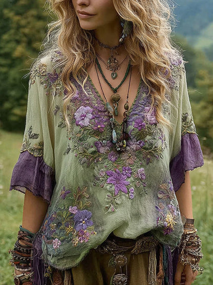 Cardydony Women's Vintage Floral Embroidery Art V Neck Linen T-shirt