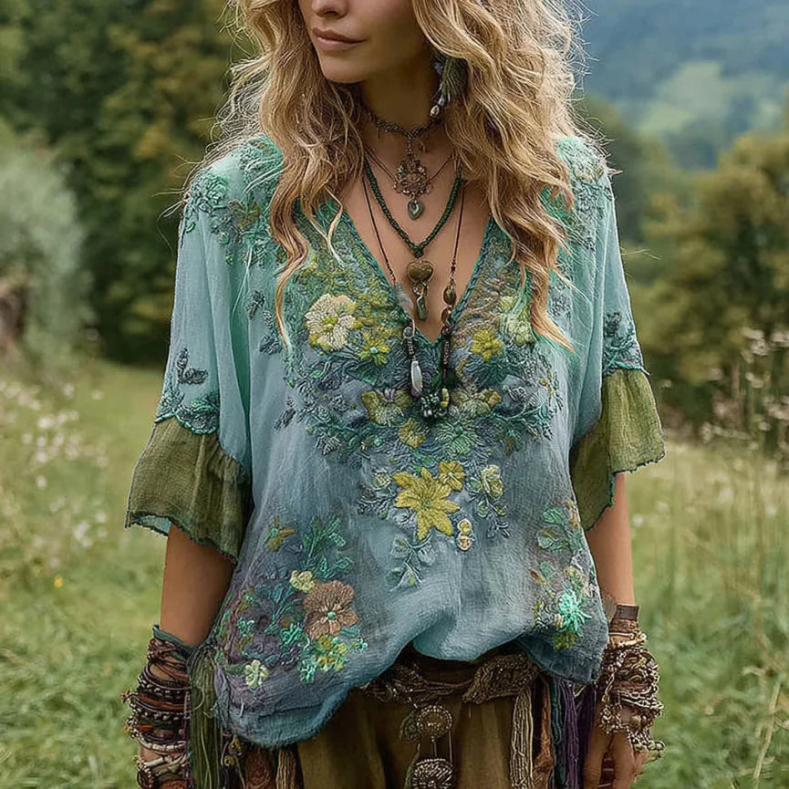 Cardydony Women's Vintage Floral Embroidery Art V Neck Linen T-shirt