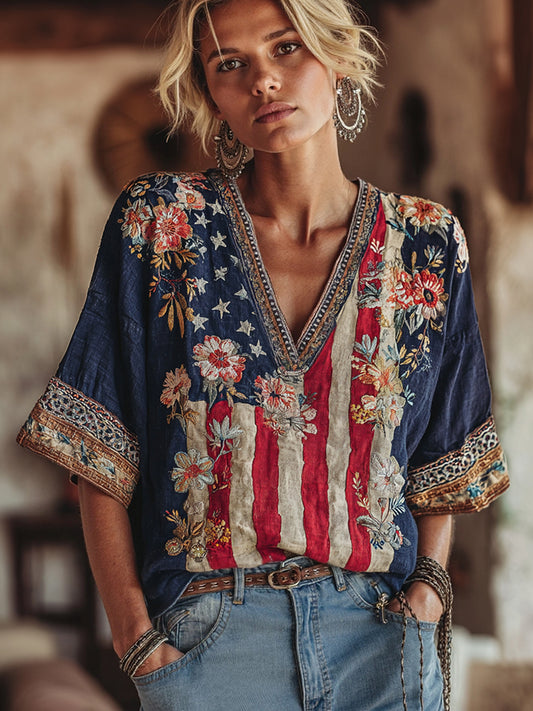 Cardydony Women's Vintage Independence Day Flag Flower Embroidered Art Linen T-shirt