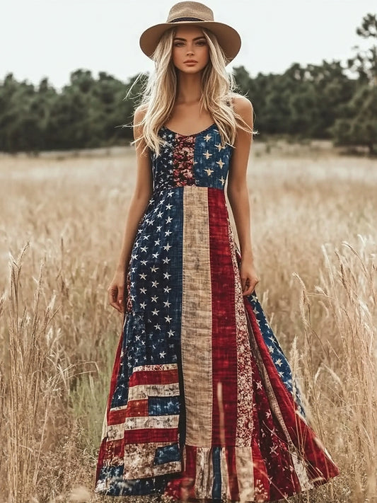 Cardydony Women's Vintage Independence Day Flag Patchwork V-neck Sleeveless Midi Dress