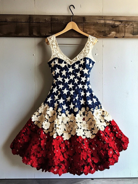 Cardydony Women's Vintage Independence Day Flowers Art Mini Dress