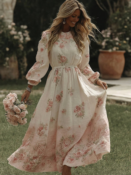 Cardydony Women's Vintage Pink Rose Art Flowy Maxi Dress