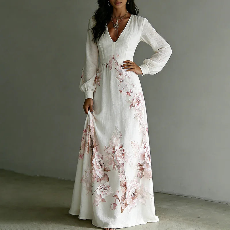 Cardydony Women's Vintage Rose Art V-neck Long Sleeve Maxi Dress