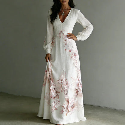 Cardydony Women's Vintage Rose Art V-neck Long Sleeve Maxi Dress