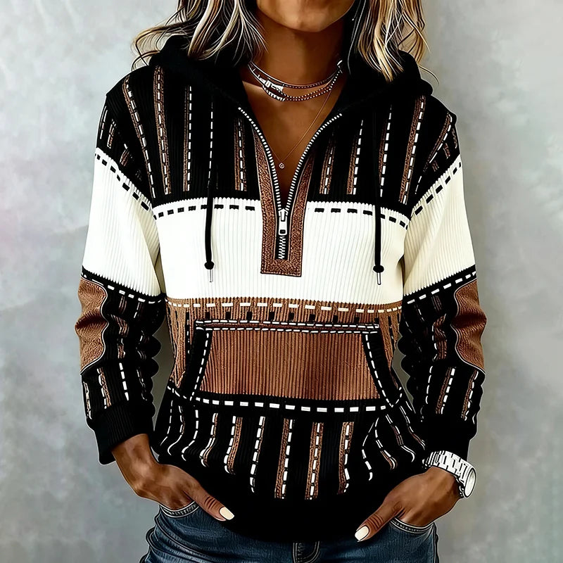 Cardydony Women's Western Geometric Art Pattern Half Zip Hoodie