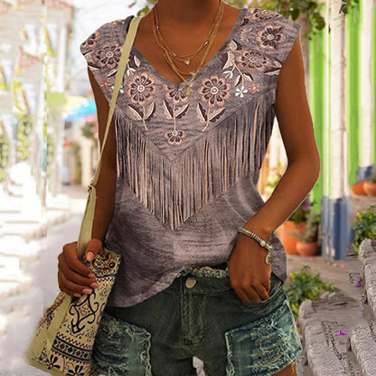 Cardydony Women's Western Vintage Distressed Floral Tassel V-Neck Tank Top
