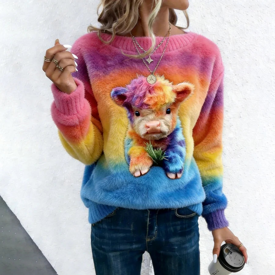 Cardydony Women's Winter Cute Colored Highland Cow Graphic Art Flannel Sweatshirt