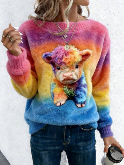 Cardydony Women's Winter Cute Colored Highland Cow Graphic Art Flannel Sweatshirt