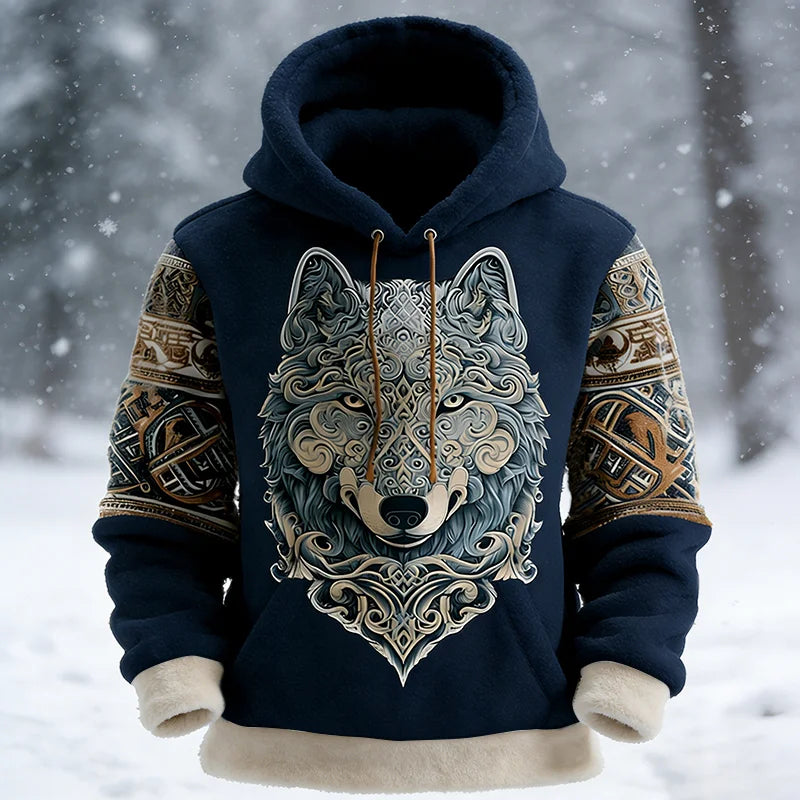 Cardydony Men's Celtic Knot And Wolf Print Color-blocked Comfortable Hooded Sweatshirt