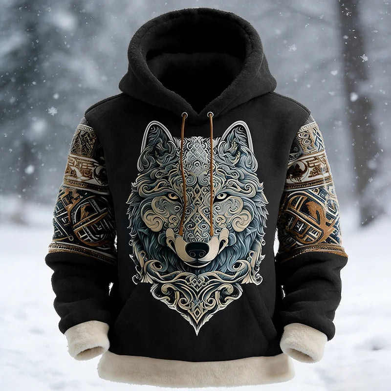 Cardydony Men's Celtic Knot And Wolf Print Color-blocked Comfortable Hooded Sweatshirt
