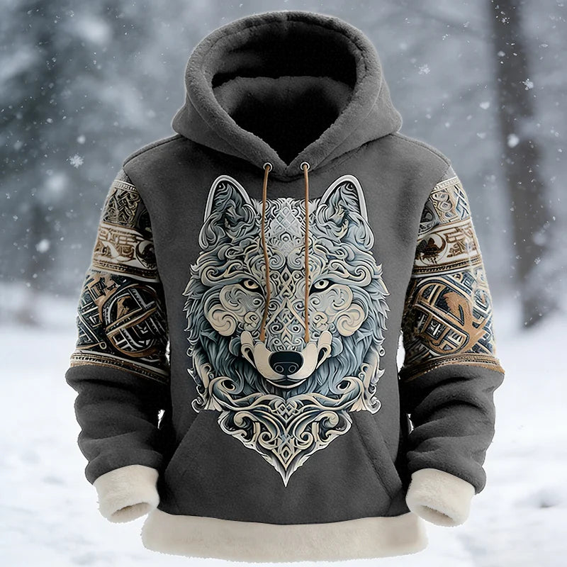 Cardydony Men's Celtic Knot And Wolf Print Color-blocked Comfortable Hooded Sweatshirt