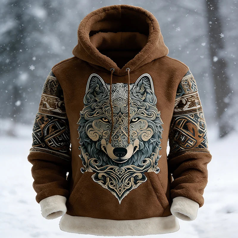 Cardydony Men's Celtic Knot And Wolf Print Color-blocked Comfortable Hooded Sweatshirt