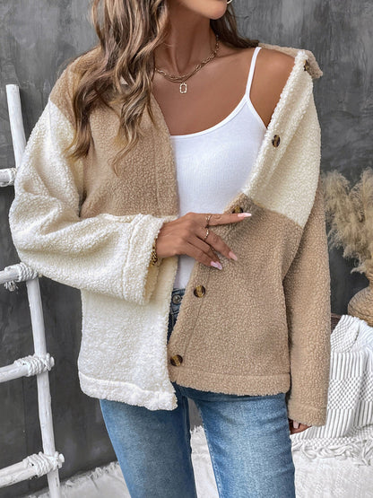 Cardydony Women's Color Block Single-Breasted Sherpa Jacket – Thick Casual Lapel Coat for Cross-Border Fashion