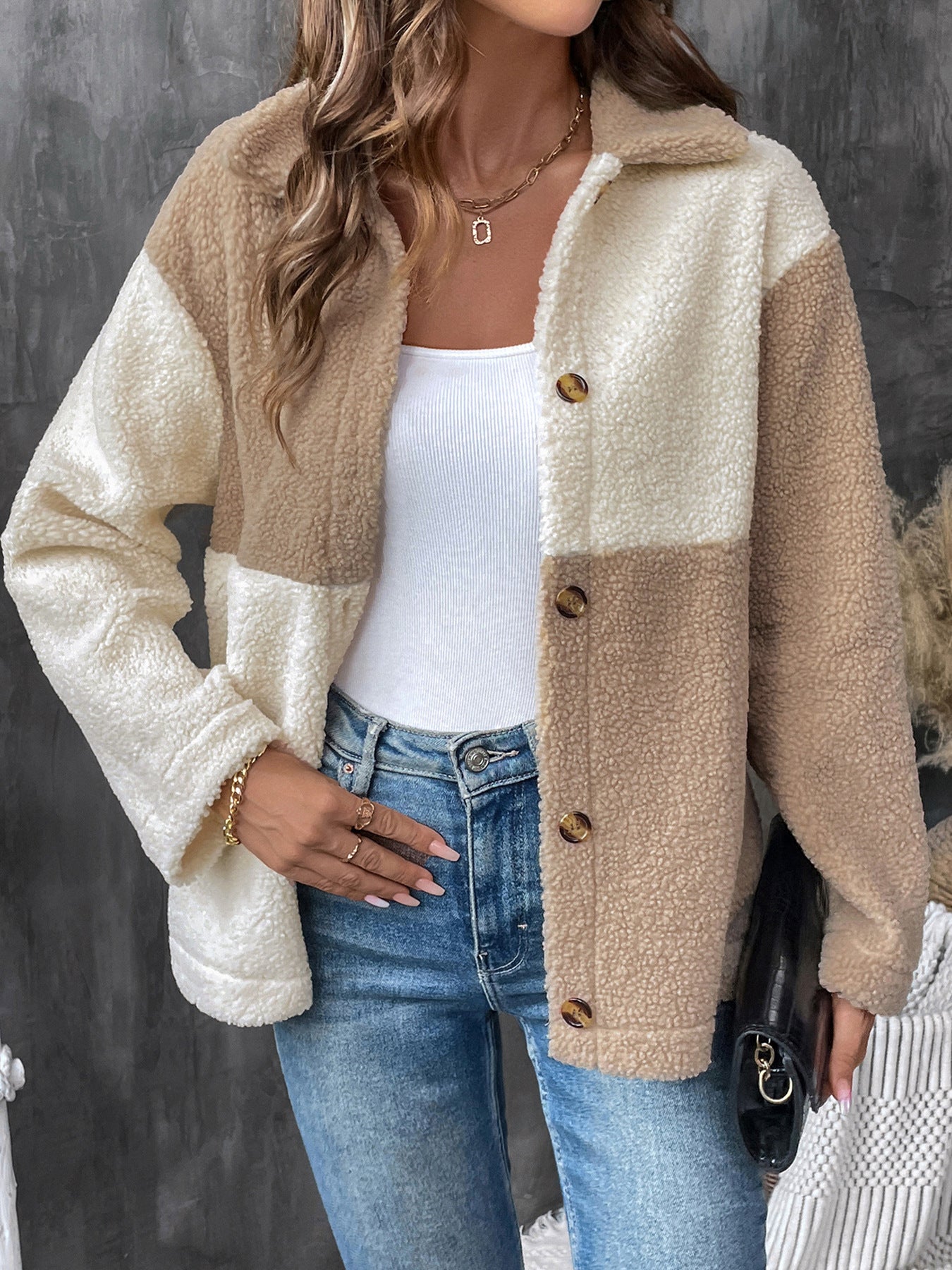 Cardydony Women's Color Block Single-Breasted Sherpa Jacket – Thick Casual Lapel Coat for Cross-Border Fashion