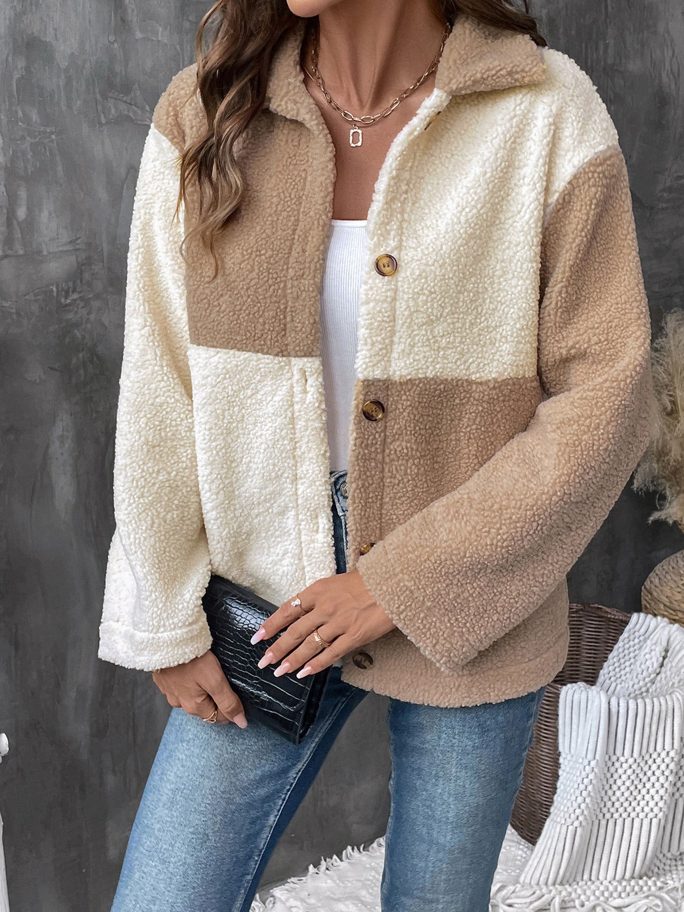 Cardydony Women's Color Block Single-Breasted Sherpa Jacket – Thick Casual Lapel Coat for Cross-Border Fashion