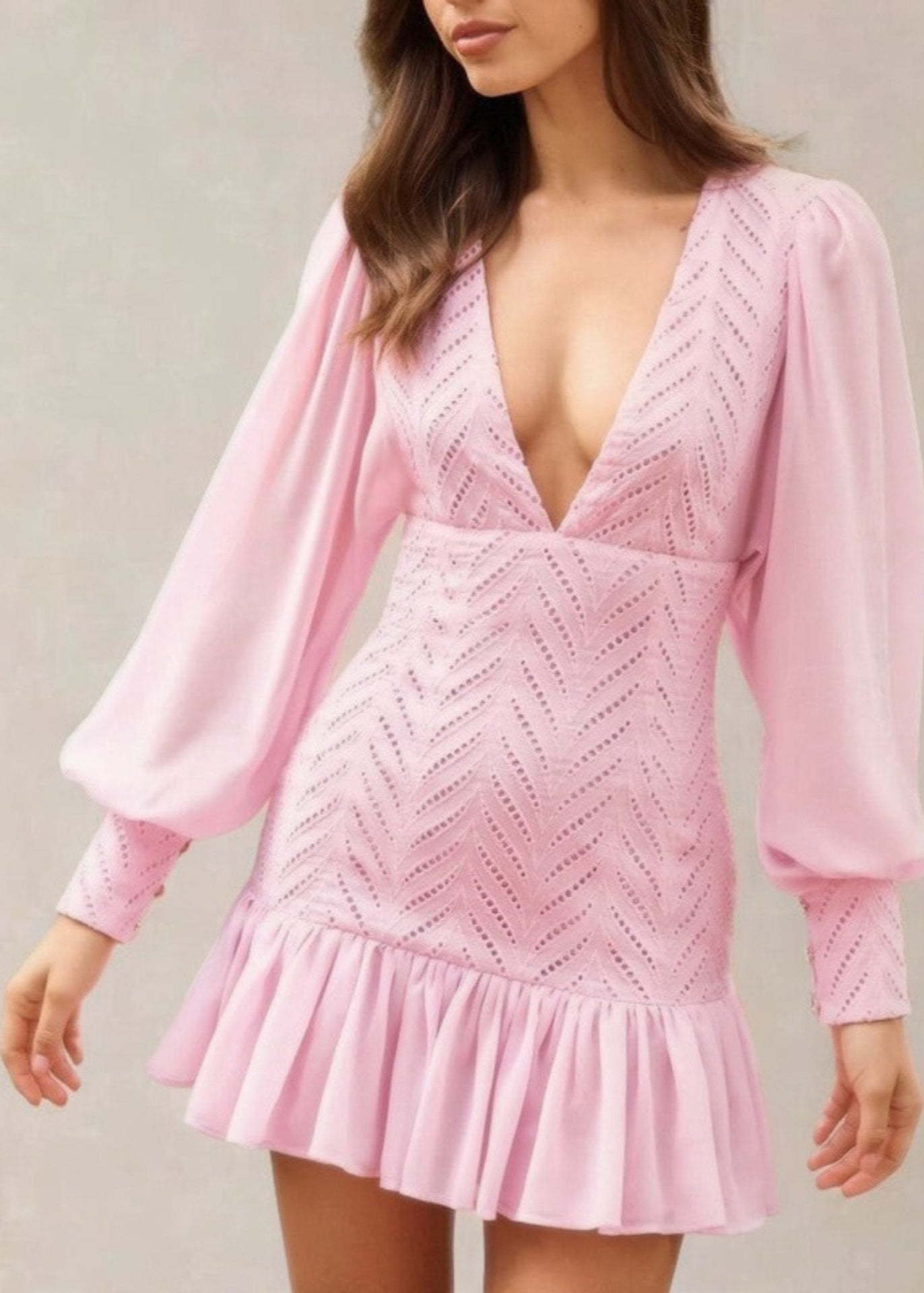 Cardydony Women's Pink V-Neck Ruffle Hem Mini Dress – Long Sleeve Fit & Flare Spring Look