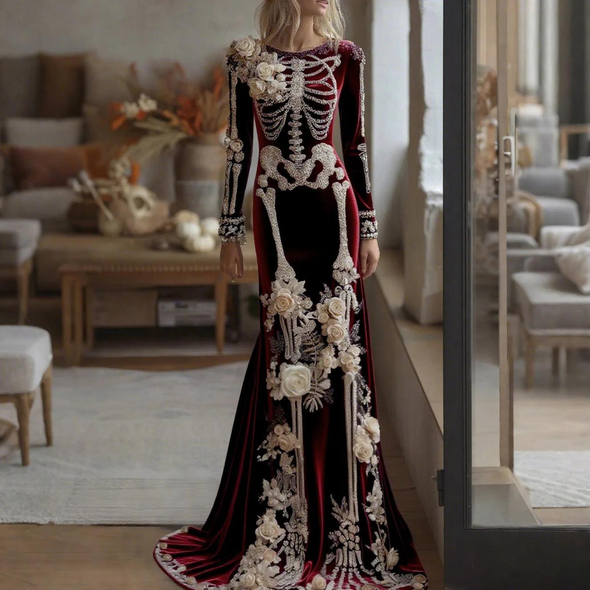 Cardydony Women's Retro Halloween Gothic With Floral Pattern Print Round-neck Maxi Dress