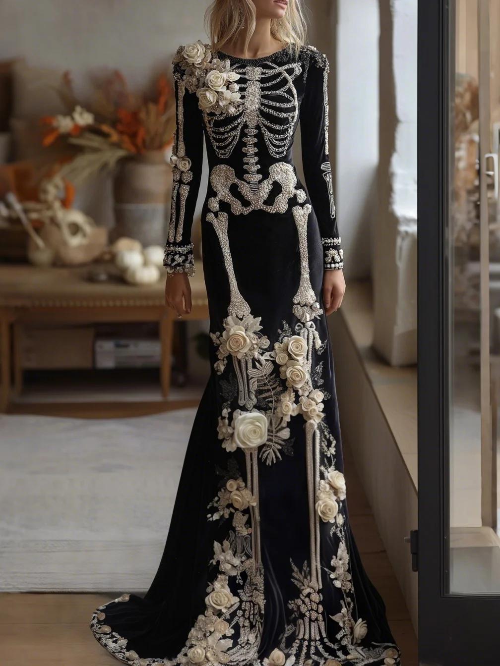 Cardydony Women's Retro Halloween Gothic With Floral Pattern Print Round-neck Maxi Dress