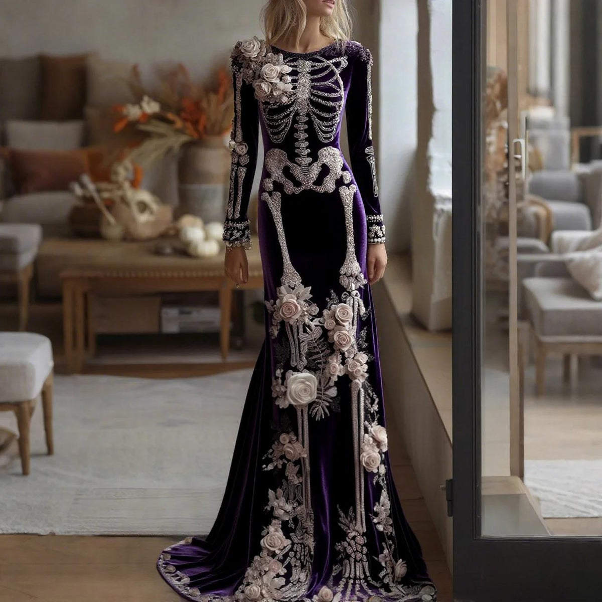 Cardydony Women's Retro Halloween Gothic With Floral Pattern Print Round-neck Maxi Dress
