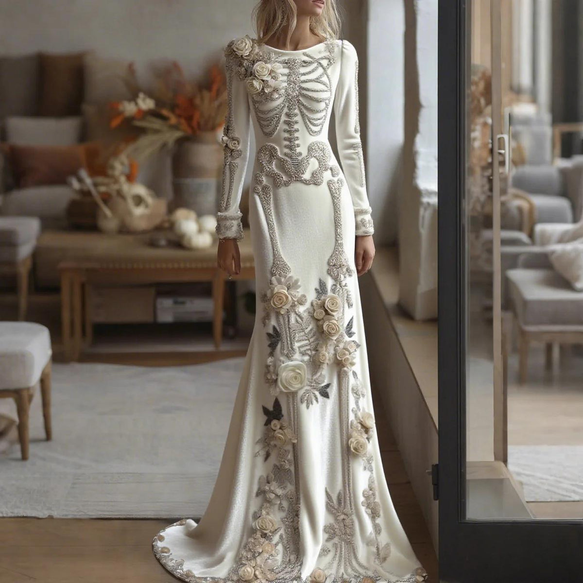 Cardydony Women's Retro Halloween Gothic With Floral Pattern Print Round-neck Maxi Dress