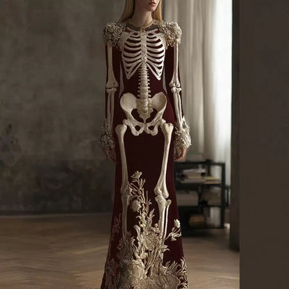 Cardydony Women's Retro Halloween Gothic With Floral Pattern Print Round-neck Maxi Dress