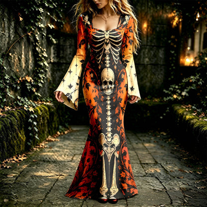 Cardydony Women's Retro Halloween Gothic With Floral Pattern Print Round-neck Maxi Dress