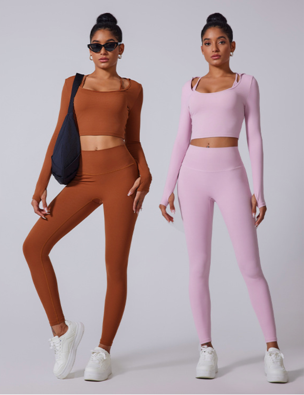 Cardydony Women's Two-Piece Seamless Activewear Set with Long Sleeve Crop Top and High-Waisted Leggings