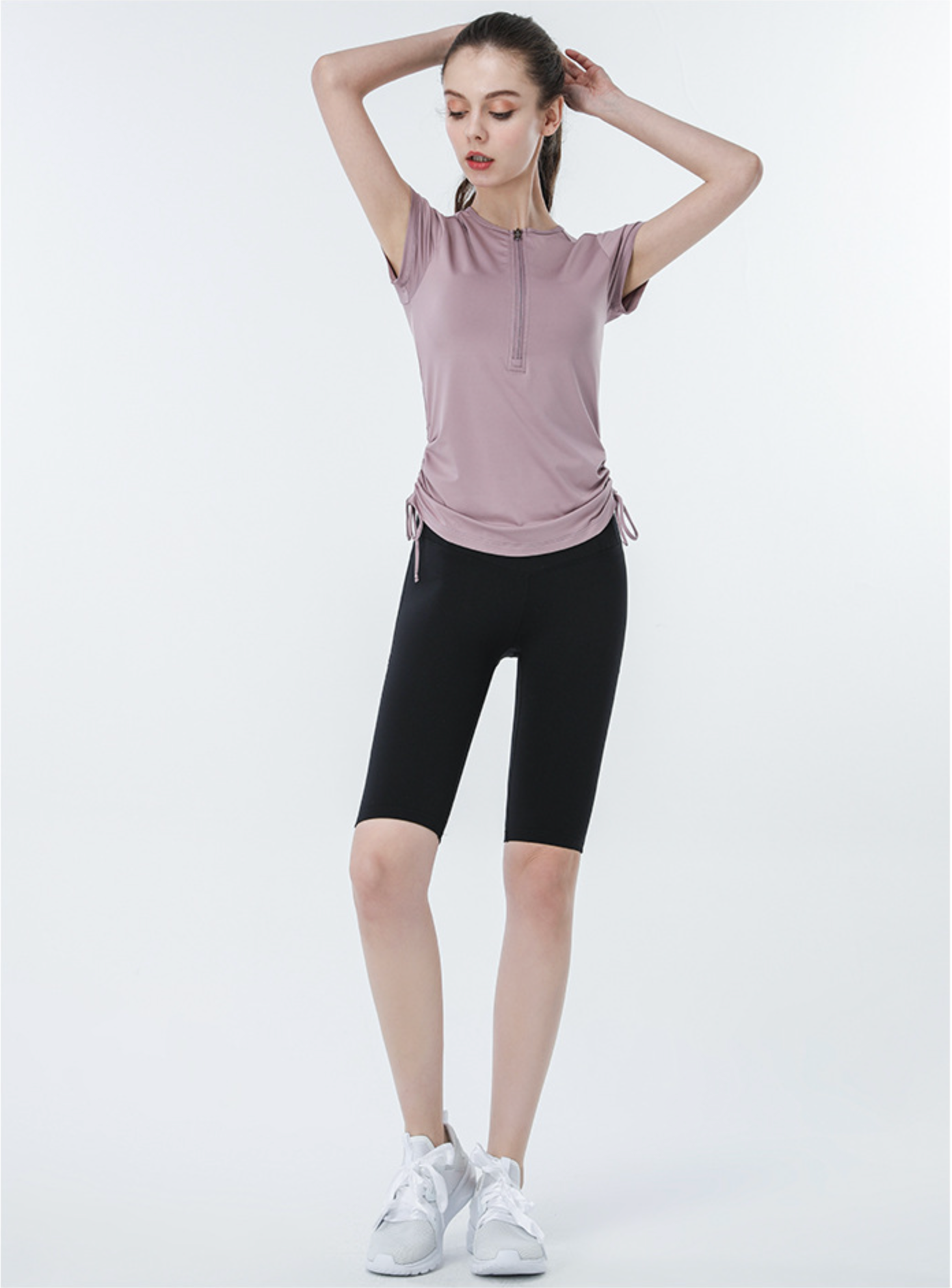 Cardydony Women's Slim Fit Short Sleeve Athletic Top with Zip Up & Drawstring Waist