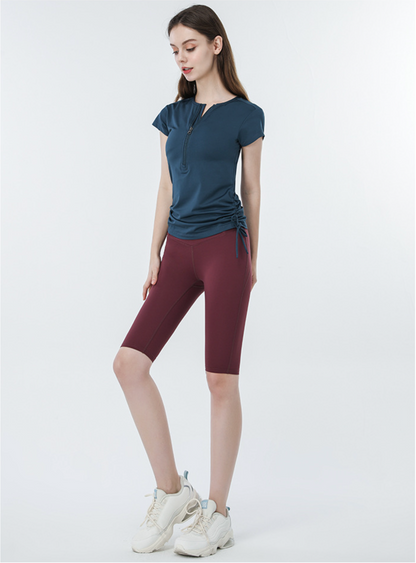 Cardydony Women's Slim Fit Short Sleeve Athletic Top with Zip Up & Drawstring Waist