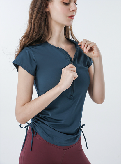 Cardydony Women's Slim Fit Short Sleeve Athletic Top with Zip Up & Drawstring Waist