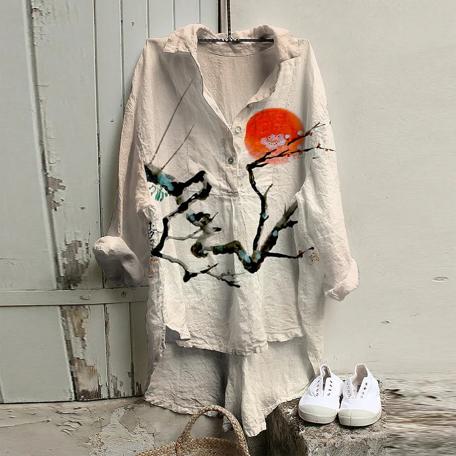 Cardydony Vintage Japanese Art Cotton Linen Button V Neck Casual Shirt