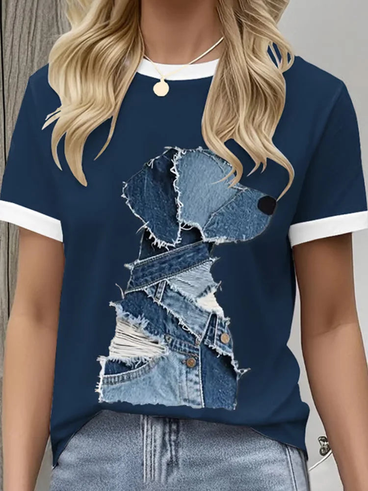 Cardydony Women's Retro Funny Denim Patch Animal Dog Print Crew Neck T-shirt