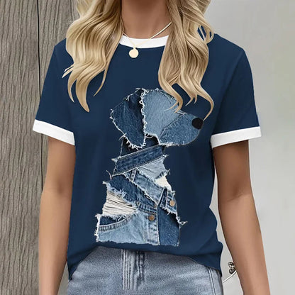 Cardydony Women's Retro Funny Denim Patch Animal Dog Print Crew Neck T-shirt