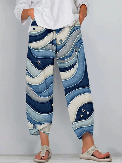 Cardydony Waves Of Edo Abstract Japanese Art Cropped Linen Pants