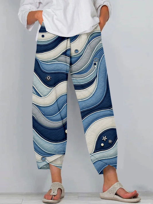 Cardydony Waves Of Edo Abstract Japanese Art Cropped Linen Pants
