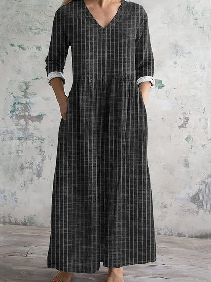 Cardydony Vintage Stripe Pattern Women's Linen Dress