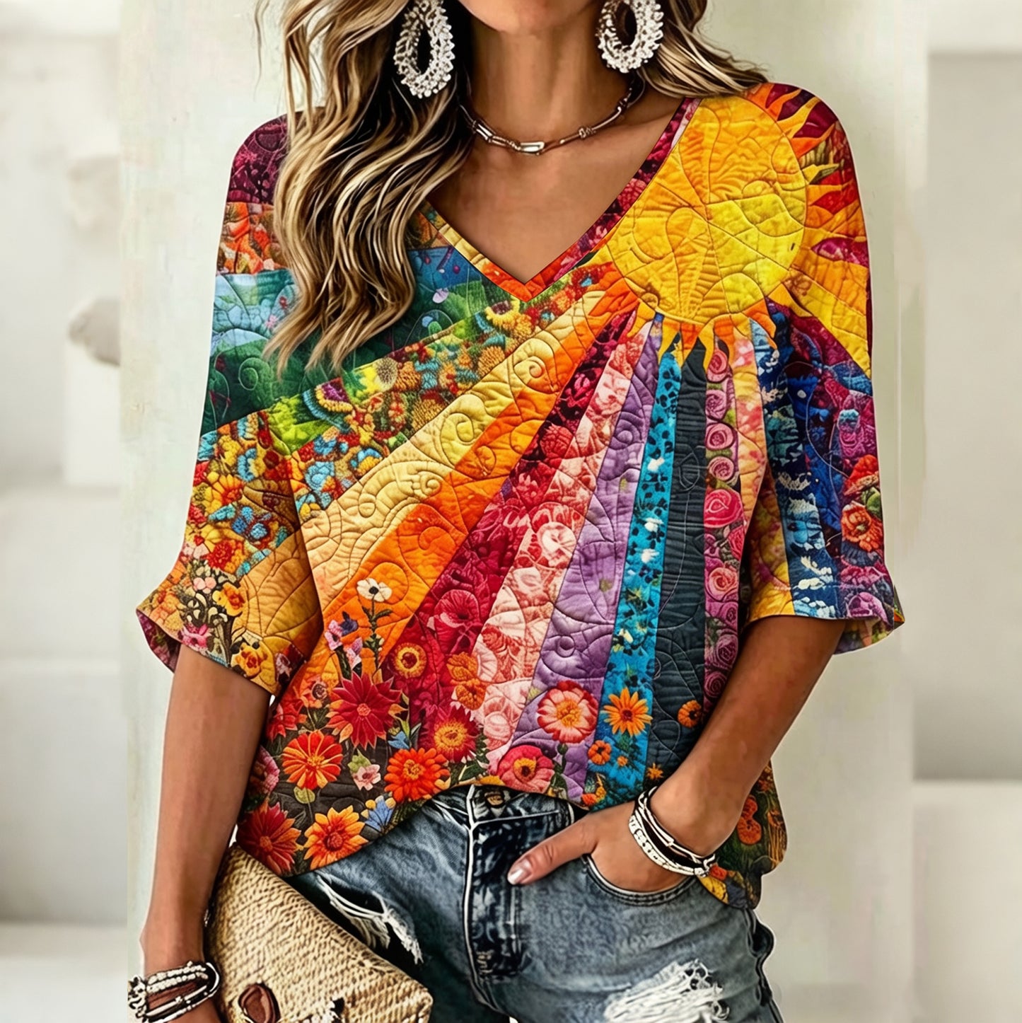 Cardydony Women's Vintage Floral In Gradient Art Print Flowy Linen Blend Three-quarter Sleeve V Neck Linen Tops