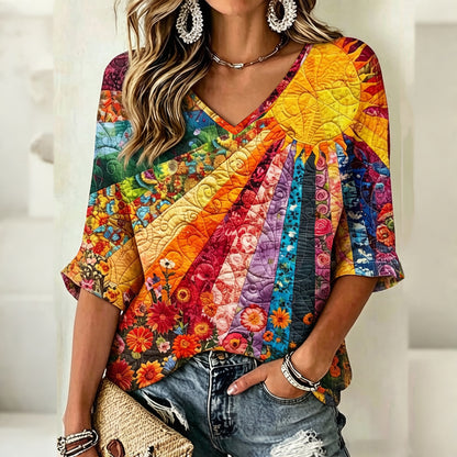 Cardydony Women's Vintage Floral In Gradient Art Print Flowy Linen Blend Three-quarter Sleeve V Neck Linen Tops