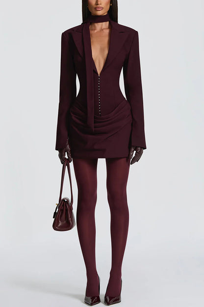 Cardydony Women's Solid Color Slim-fit V-neck Elegant Draped Formal Mini Dress