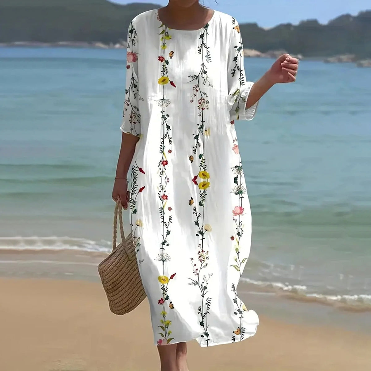 Cardydony Women's Retro Floral Print Linen Blend Midi Dress