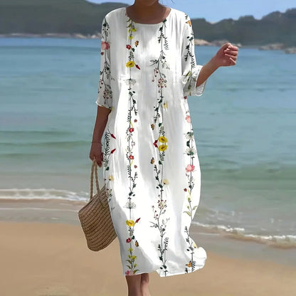 Cardydony Women's Retro Floral Print Linen Blend Midi Dress