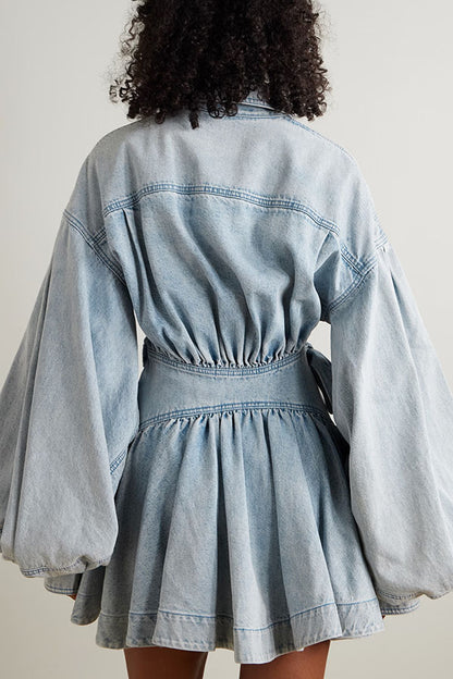 Cardydony Women's Yaron Denim Button Twisted Shape Wrap Long Balloon Sleeve Shirt Mini Dress