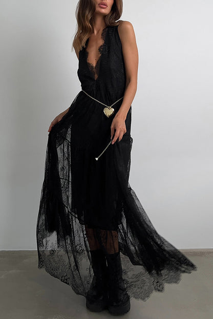Cardydony Women's Fashionable Sheer Lace V-neck Backless Elegant Maxi Dress