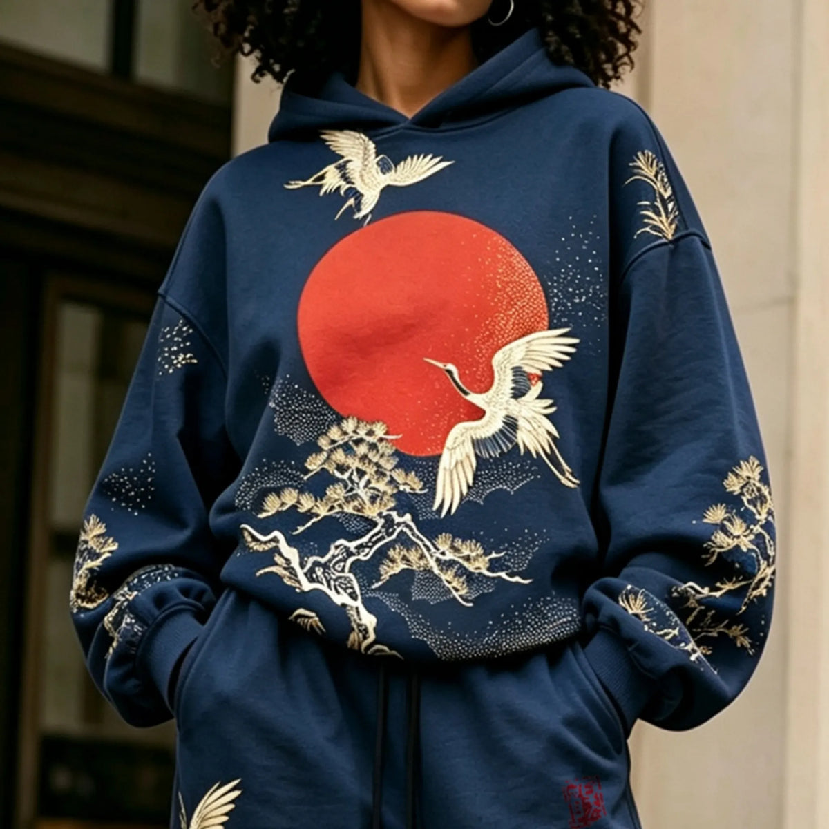 Cardydony Women's Vintage Japanese Crane Art Print Hoodie Two Piece Set