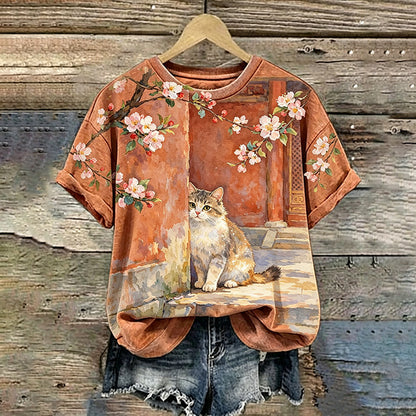 Cardydony Retro Cute Cat And Cherry Blossom Pattern Casual T-shirt