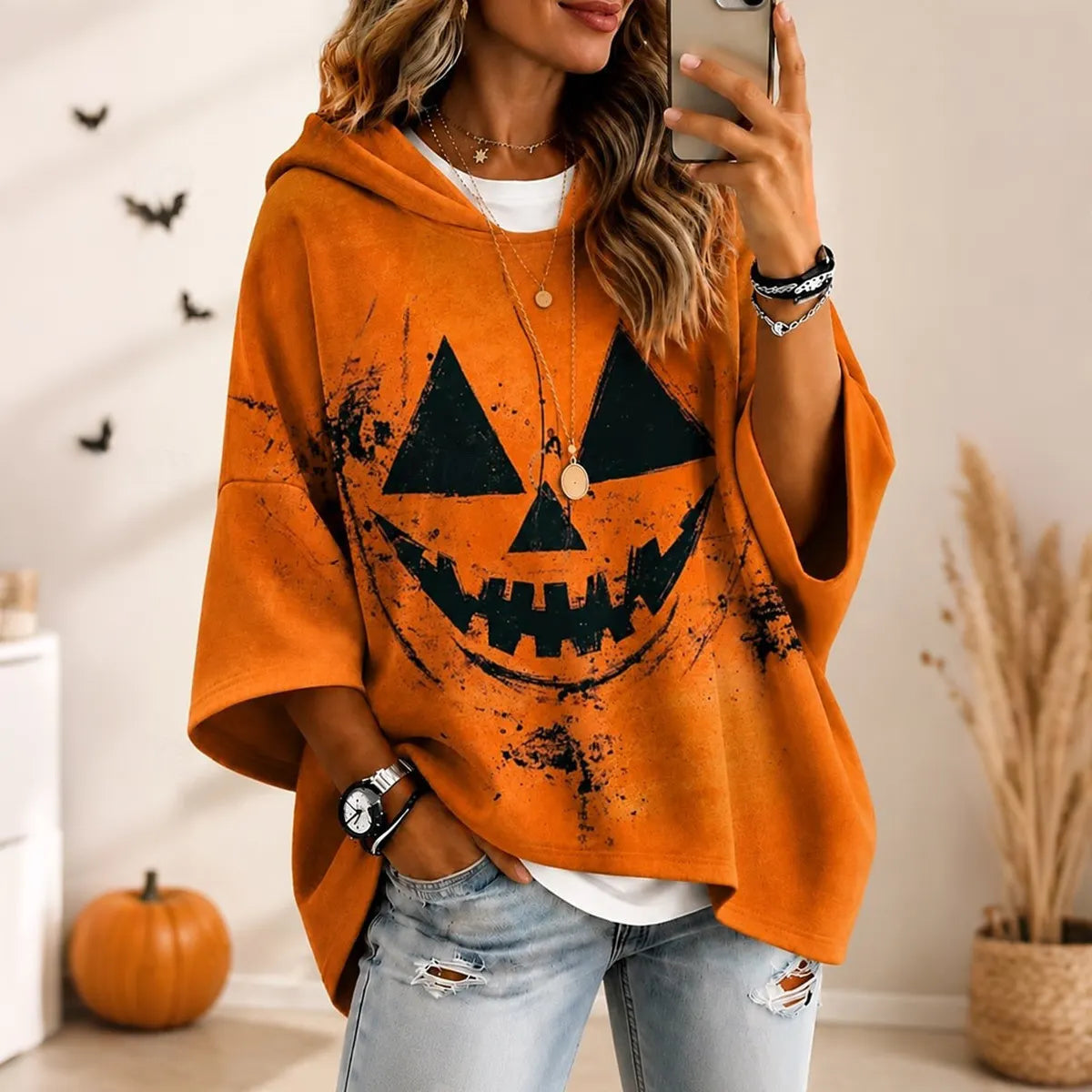 Cardydony Women's Retro Halloween Emoji Print Loose Hooded Top